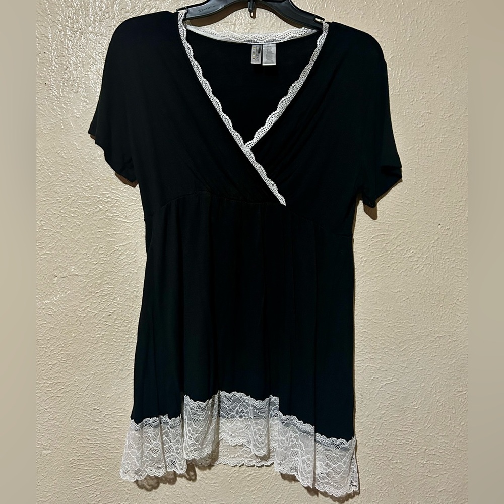 Lamaze Black Top with White Lace Trim